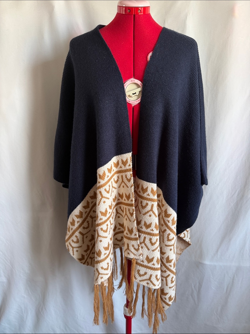 Dreamers Navy and Cream Fringe Knit Poncho with Camel Fair Isle